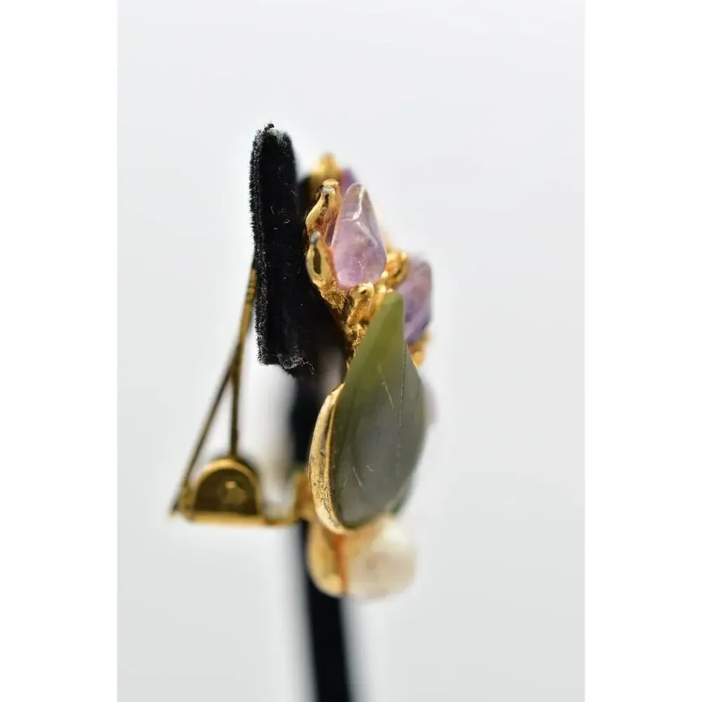 Swoboda Vintage Clip On Earrings Pearl Amethyst Jade Semi-Precious Signed 60s 9L